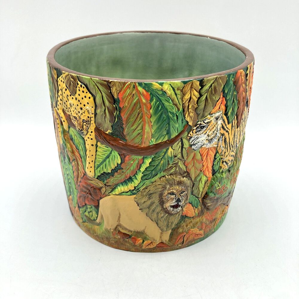 Vtg Duncan Ceramic Embossed Jungle Cats Tiger Pot Planter 5.5” Signed Handmade